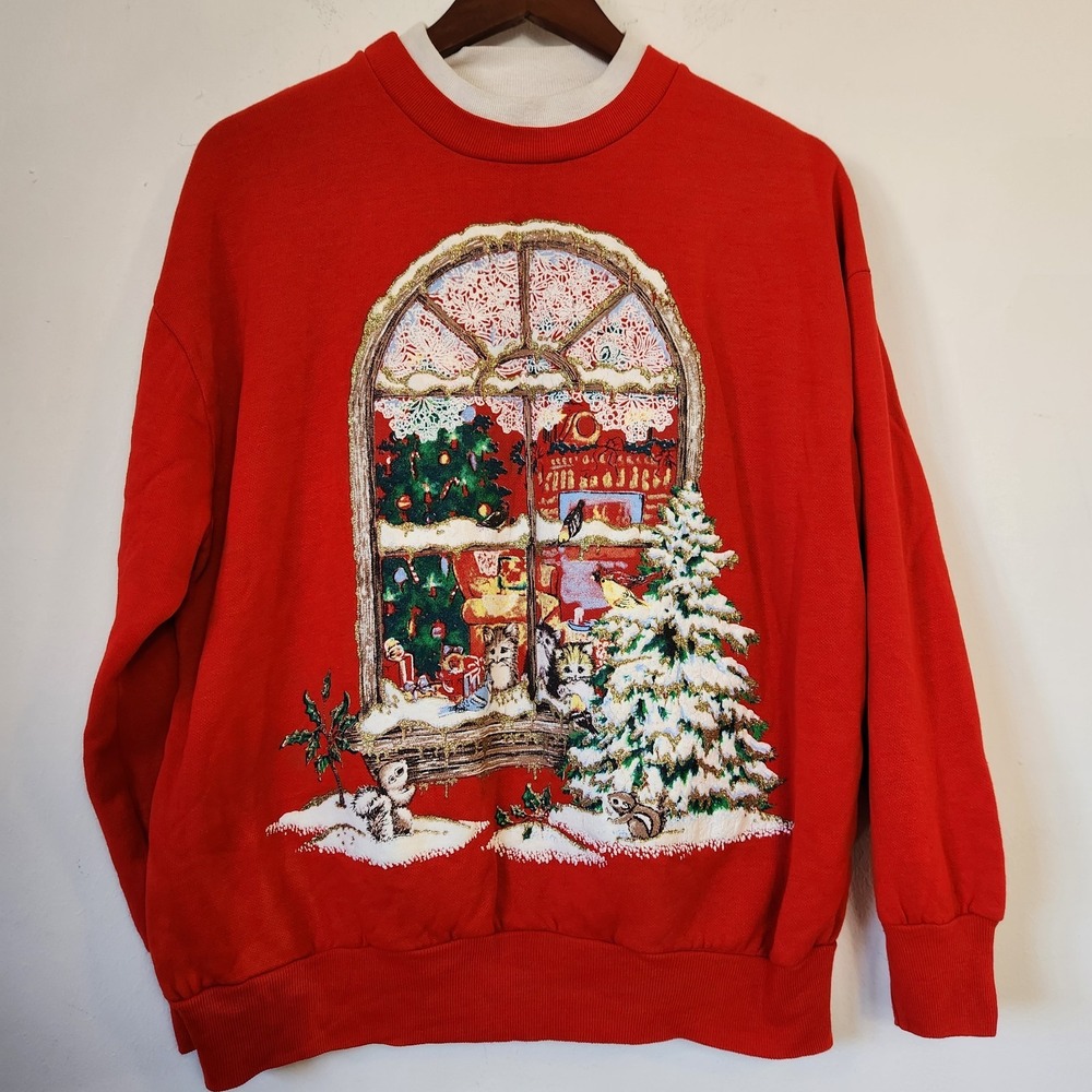Vintage 90s NutCracker Christmas Sweatshirt L Cats Kittens Glitter Grandmacore
